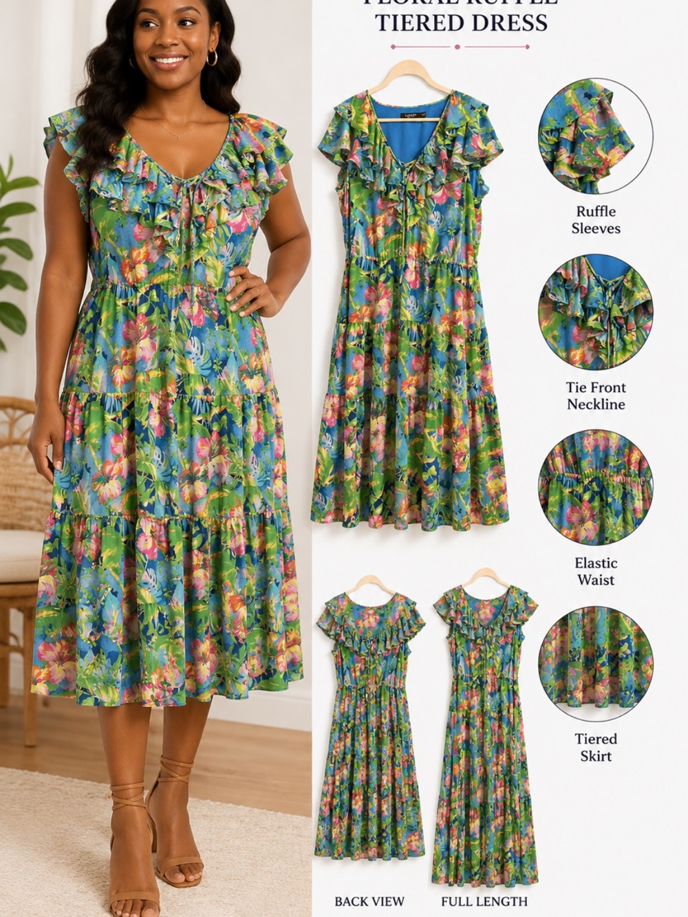 Lauren Ralph Lauren Blue Green Floral Ruffle Tie-Front Midi Dress